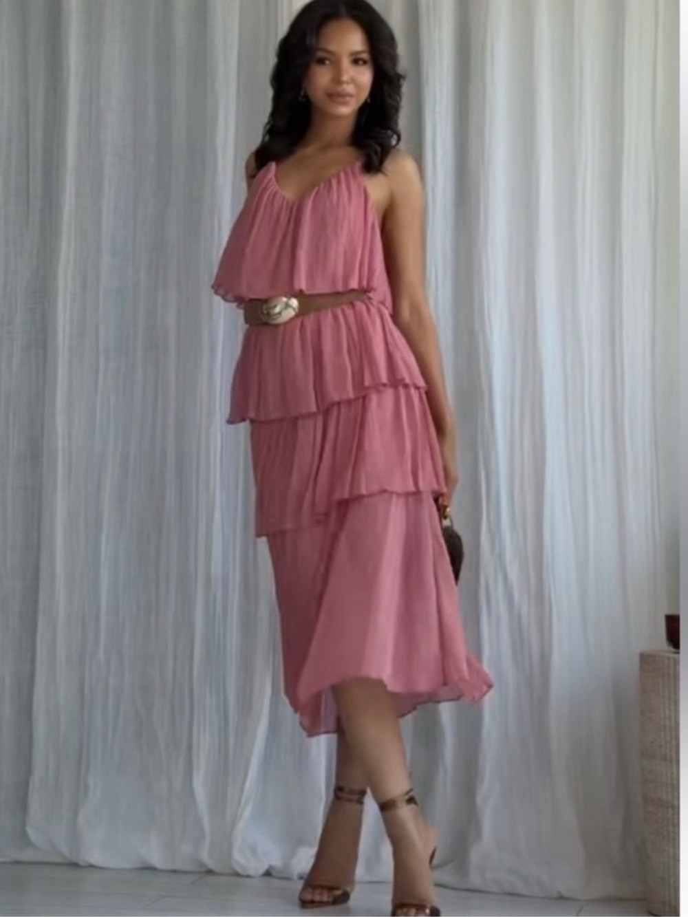 Zara Dusty Rose Tiered Midi Dress with Spaghetti Straps